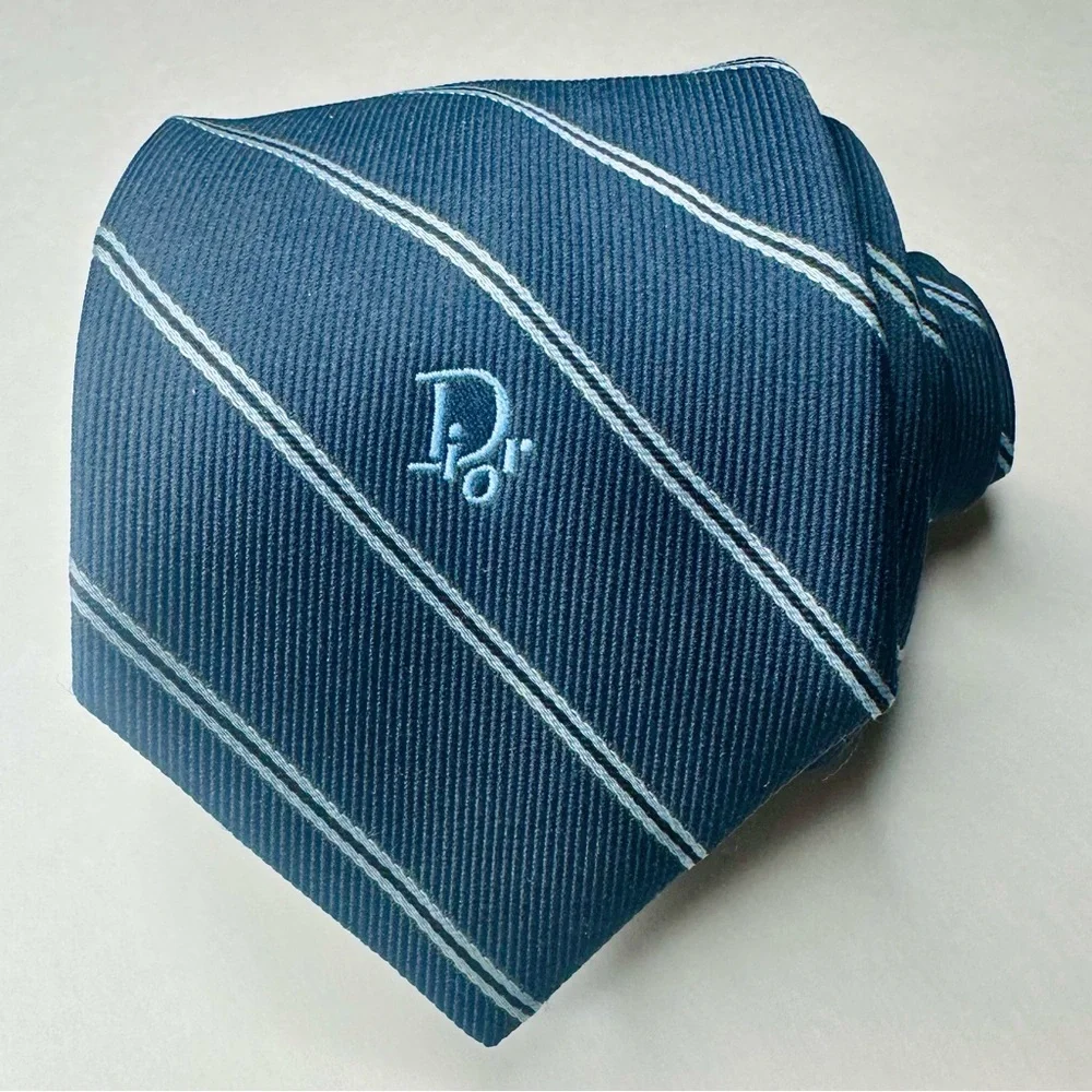 Vintage DIOR Embroidered Navy Blue Striped Classic Tie, 3”